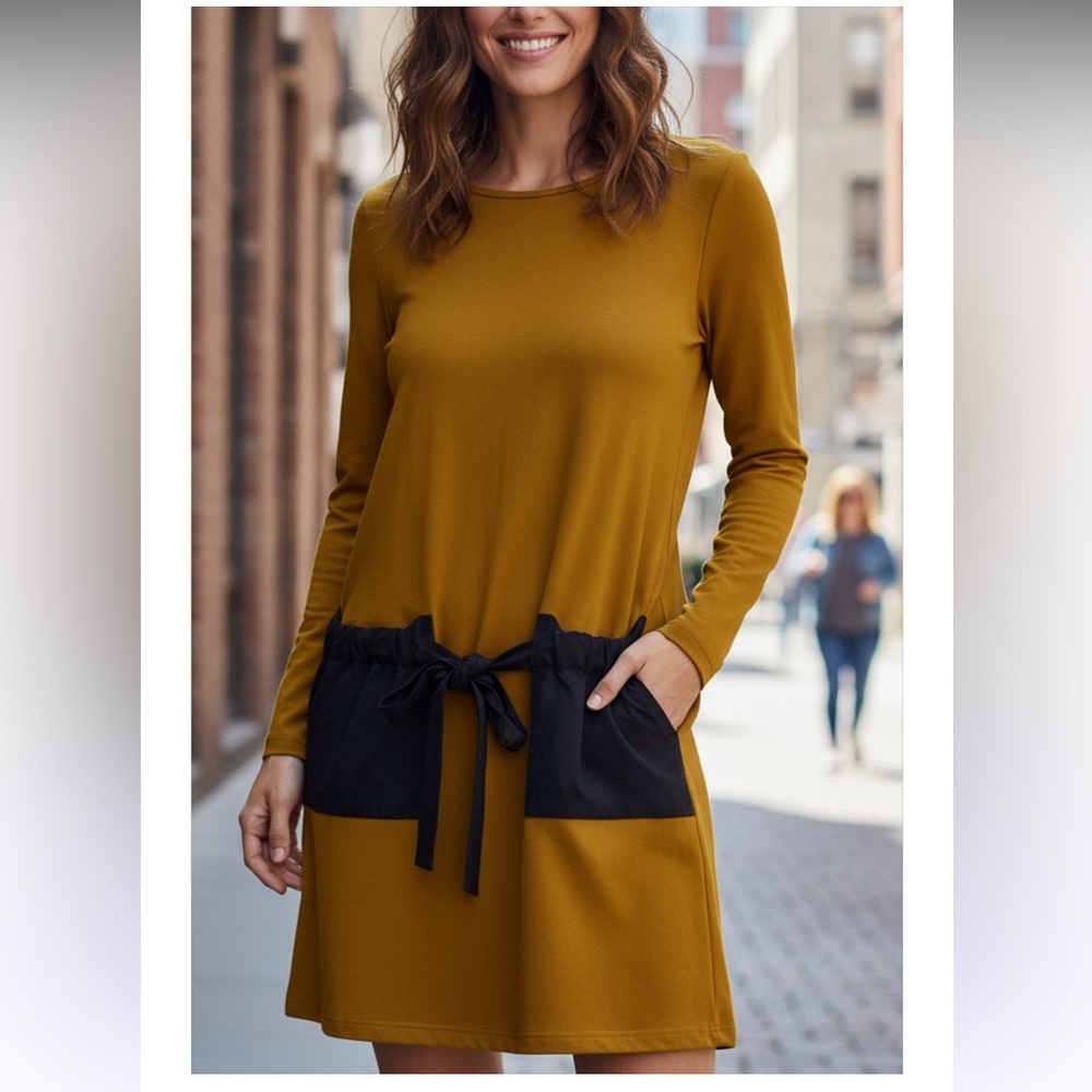 COS Mustard and  Navy  Blue Long Sleeve Dress